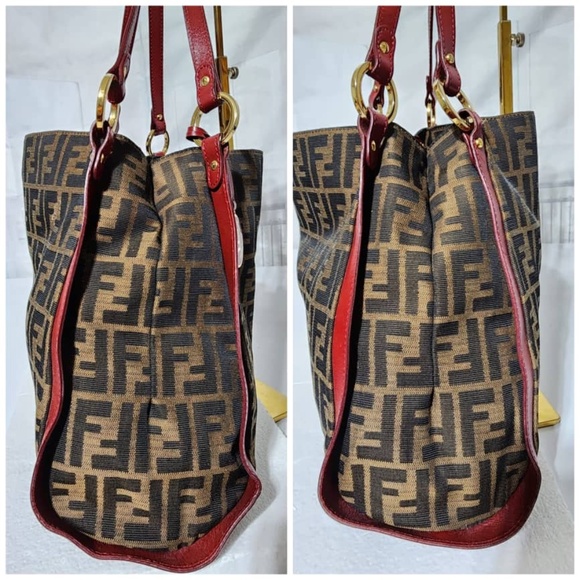 Authentic FENDI Zucca Print Canvas Medium Tote Bag Brown/Burgundy - Picture 13 of 16